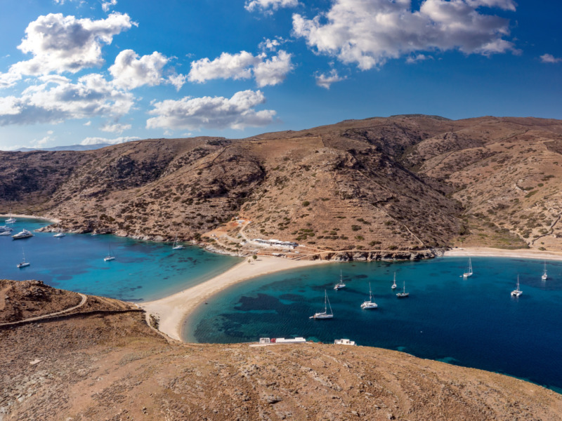 Kolona,Two,Sided,Sandy,Beach,,Aerial,Drone,View.,Greece,,Kythnos
